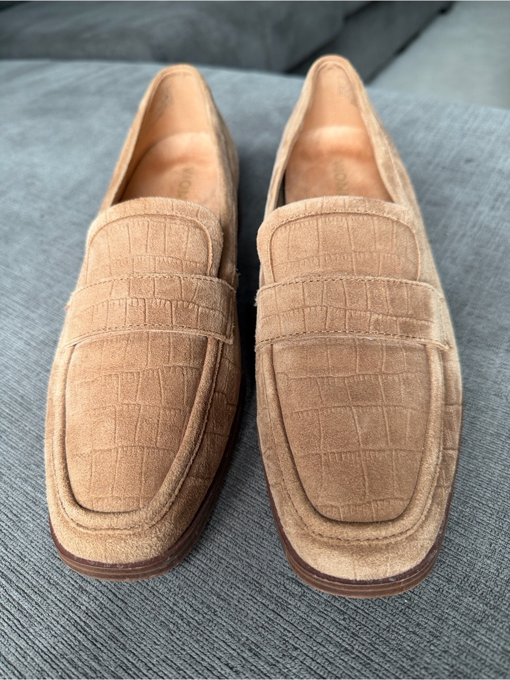 Vionic Tan Suede Croc-Embossed Penny Loafers